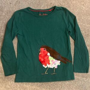 Mini Boden girls size 6-7y long sleeve cotton shirt. Green with sequin bird.